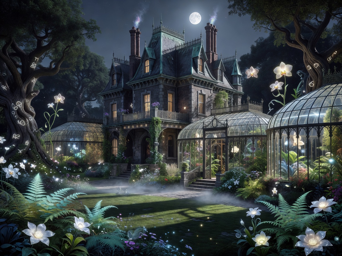 A magnificent Victorian magical manor surrounded by botanical gardens and moonlit glass conservatories