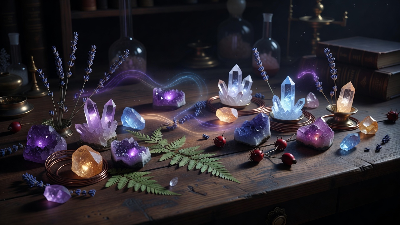 A mysterious and elegant display of alchemical crystals and botanical elements glowing softly