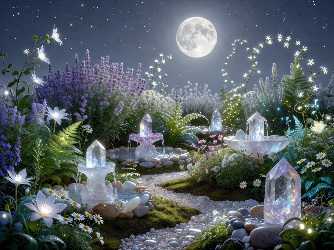 A peaceful moon garden with flowering herbs, crystal fountains, and magical plants