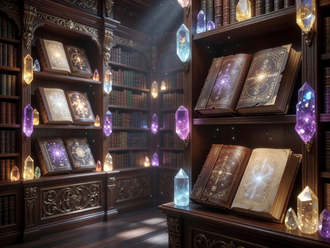 An enchanting alchemy library featuring illuminated manuscripts, glowing crystal shelves, and elegant wooden interiors